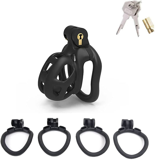 Black male chastity cage kit with padlock, keys, and multiple ring sizes, complete set for secure fit