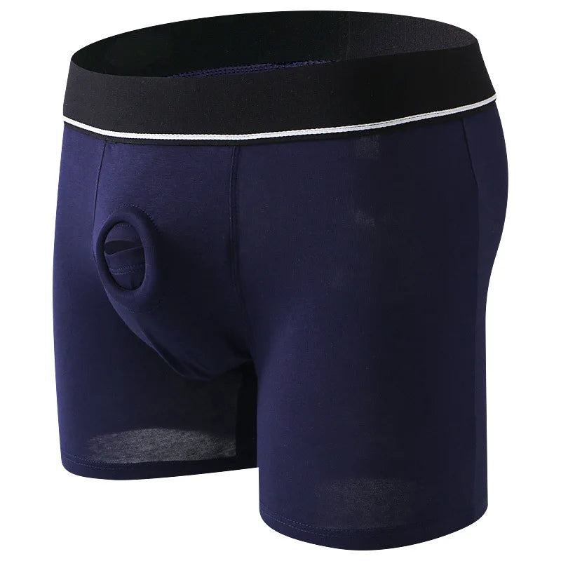 Navy blue boxer briefs for female domination with a white waistband on a white background