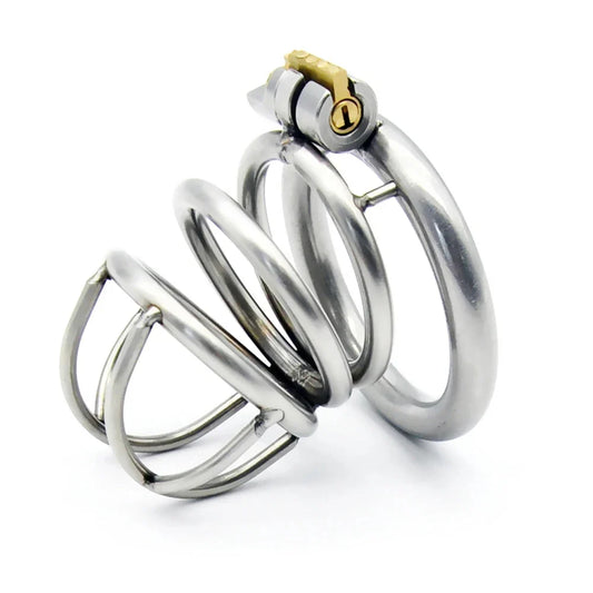 Silver-colored Metal Chastity Cage with an open-bar body, base ring and integrated lock on a white background.