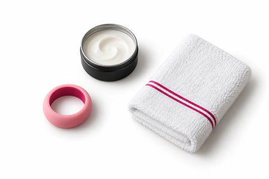 chastity cage chafing care essentials, ring, barrier cream and towel