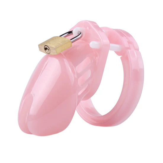 A pink, top-locking chastity cage made from clear plastic with a secure, adjustable ring and a small padlock at the top.