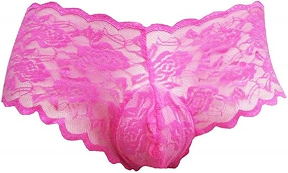 A pink men's lace underwear brief with a floral pattern.