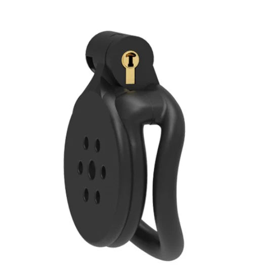 Black flat silicone chastity cage with vent holes and built-in lock on white background