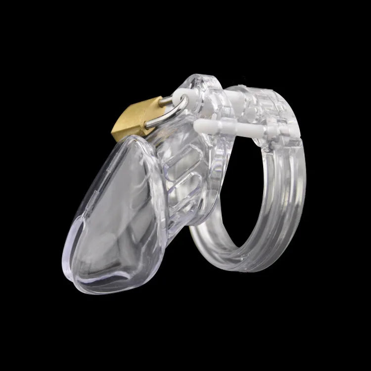 Clear plastic chastity cage with brass padlock, classic male chastity device