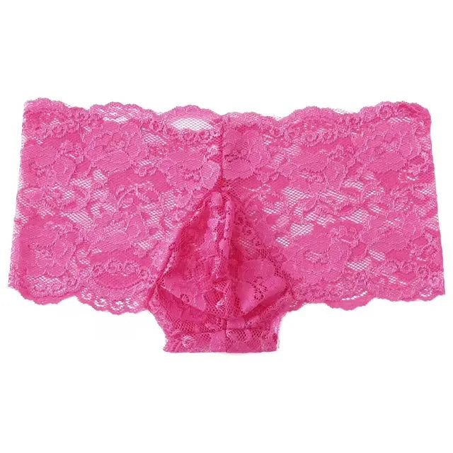 Pink floral lace panties for men, flat lay