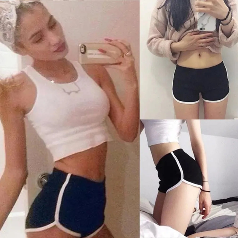 Collage of a person wearing black shorts with white trim, shown from different angles.