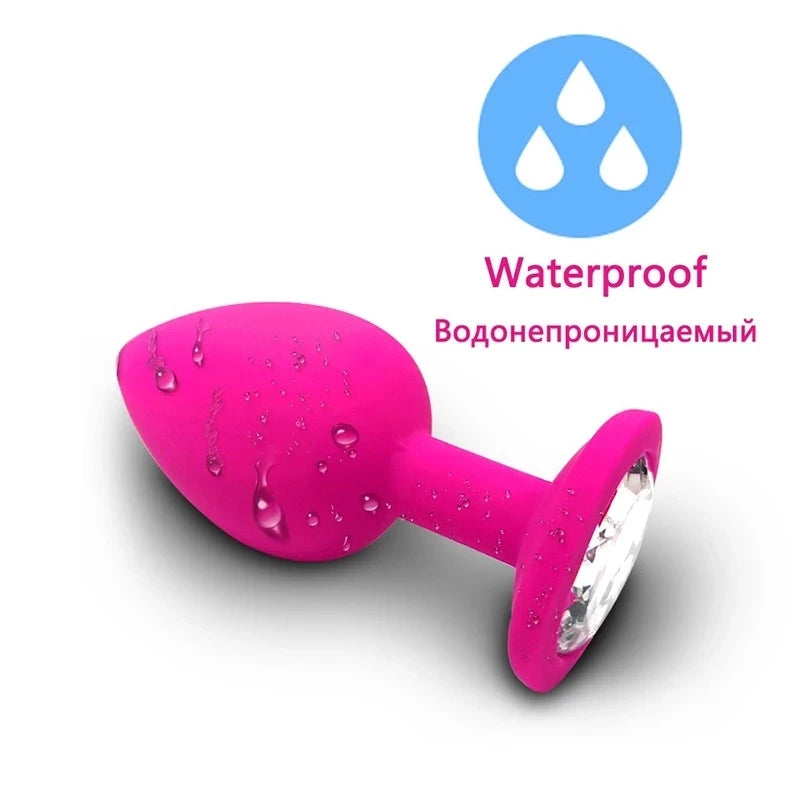 Waterproof silicone butt plug for shower play, bright pink anal plug with flared base