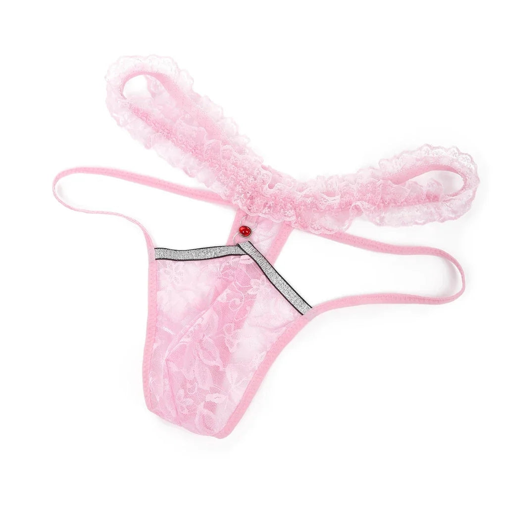 Pink rhinestone-style lace thong, flat lay