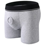 Gray boxer briefs with a black waistband on a white background for pegging your sub