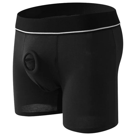 Black boxer strap on briefs for pegging with a white waistband on a white background