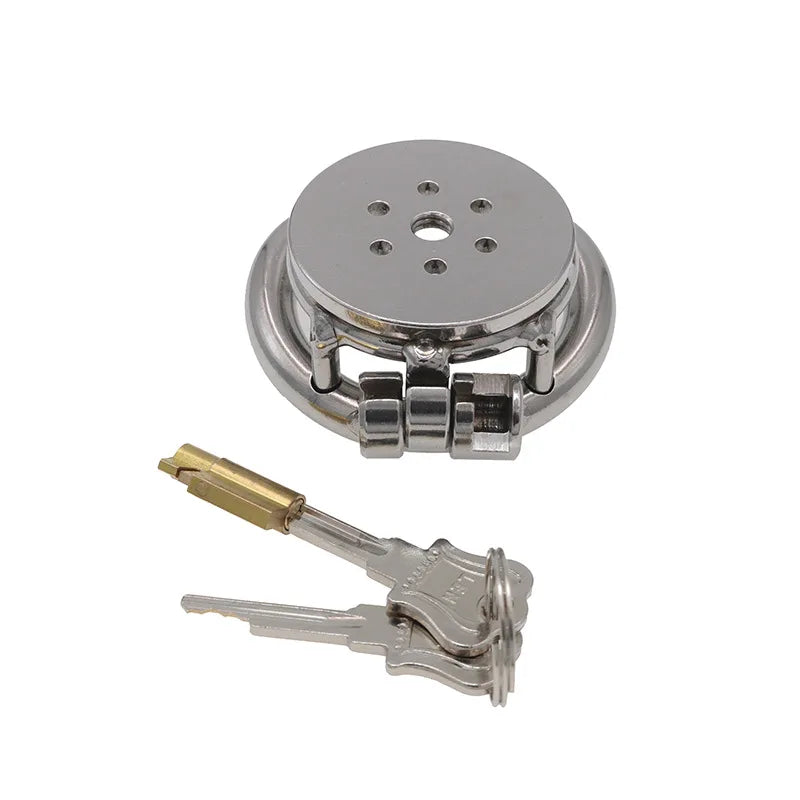 Stainless steel urethral chastity cage lock and key set, flat metal male chastity device accessory close-up