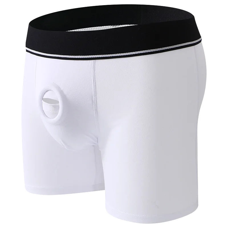 White strap on boxer briefs with a black waistband on a white background