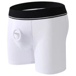 White strap on boxer briefs with a black waistband on a white background