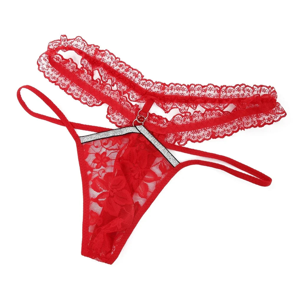 Red rhinestone-style lace thong, flat lay