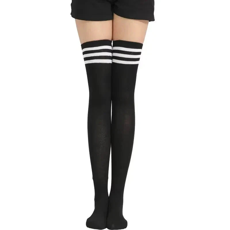 Black thigh-high stockings with white stripes
