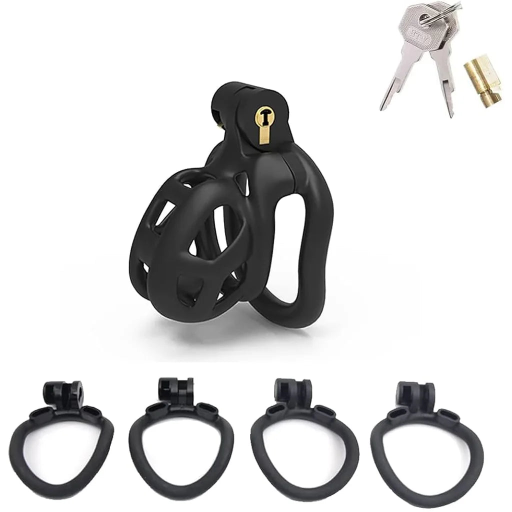 Black Breathable Premium Chastity Cage with four separate base rings, two keys and a gold-tone barrel lock.