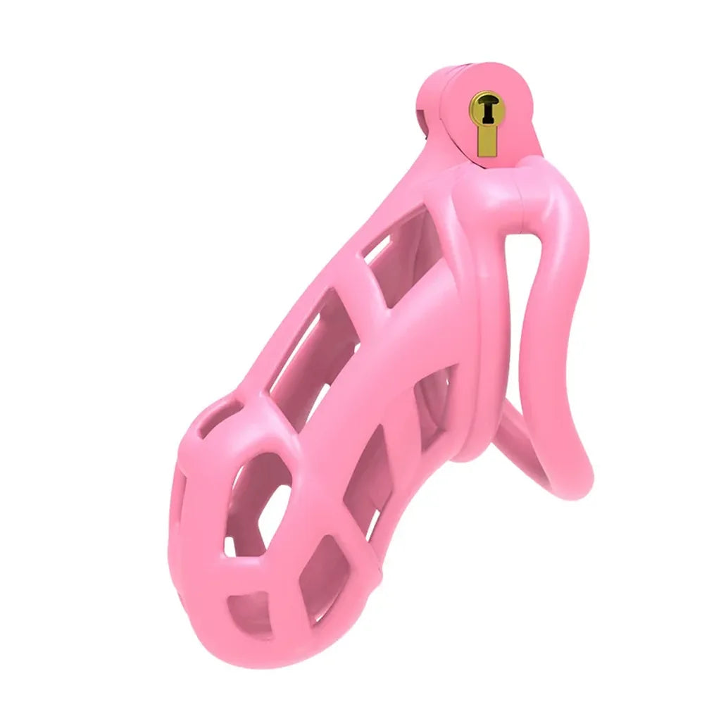 Pink Breathable Premium Chastity Cage in Standard size, with open side cut-outs, base ring and gold-tone lock.