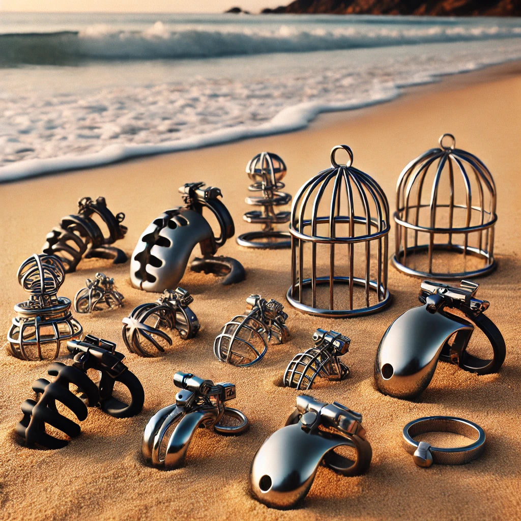 Variety of chastity cages and accessories displayed on a sandy beach, showcasing different styles and designs for discreet and comfortable wear.