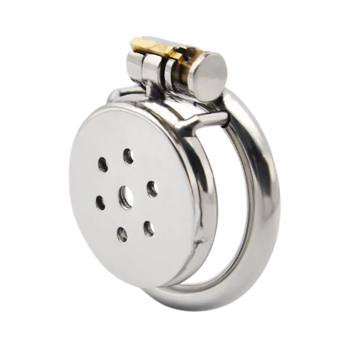 Flat stainless steel chastity cage with round vented cover and integrated lock on white background