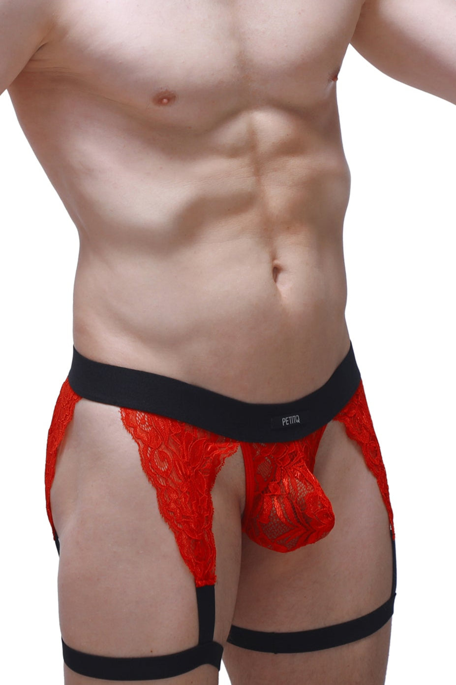 Men's red lace garter-style G-string with black contrast detailing.
