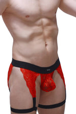 Men's red lace garter-style G-string with black contrast detailing.