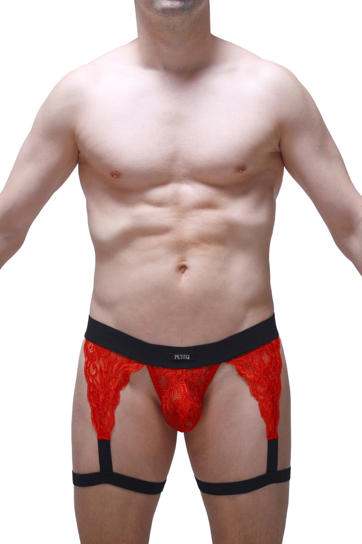Men's red lace garter-style G-string with black contrast detailing.