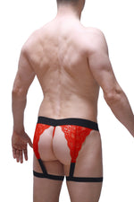 Men's red lace garter-style G-string with black contrast detailing.