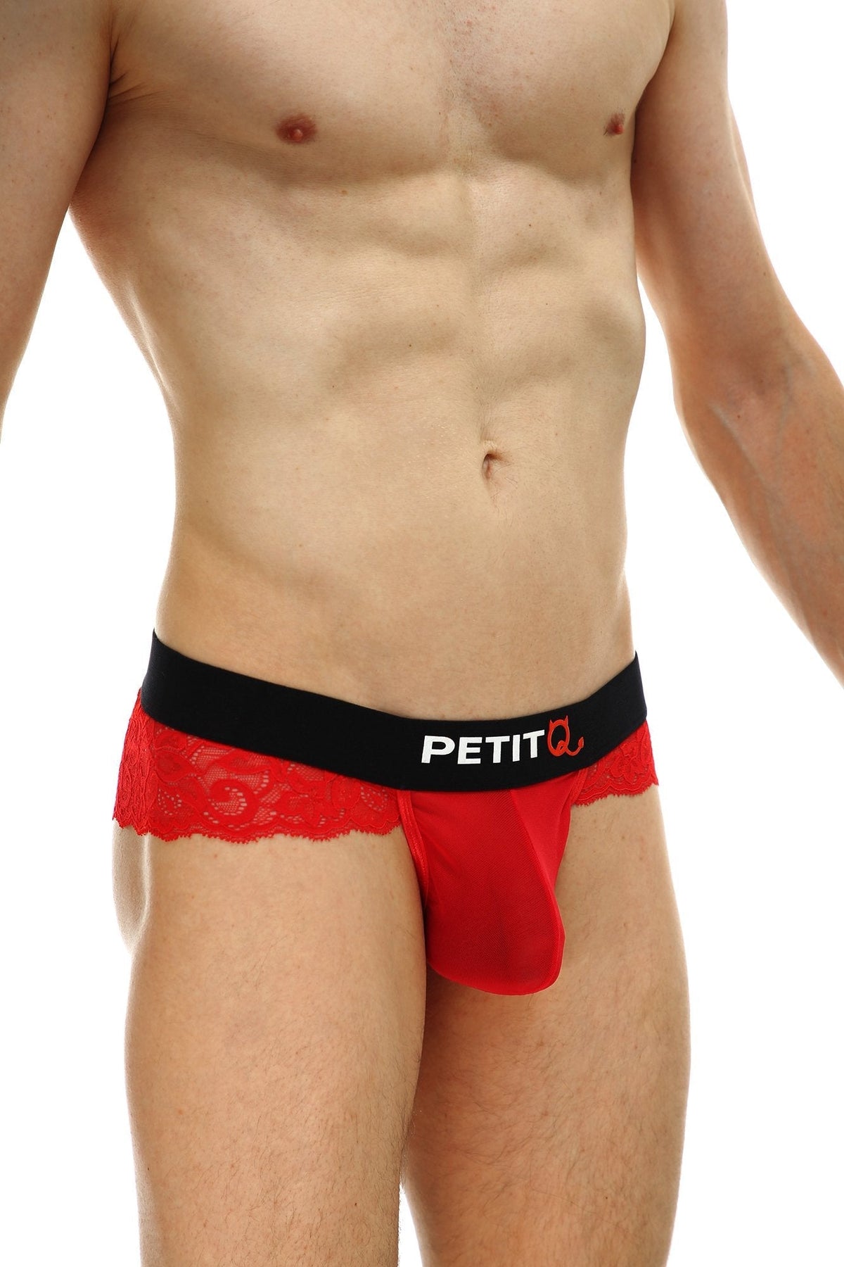 Men's red thong with sheer and lace panels.