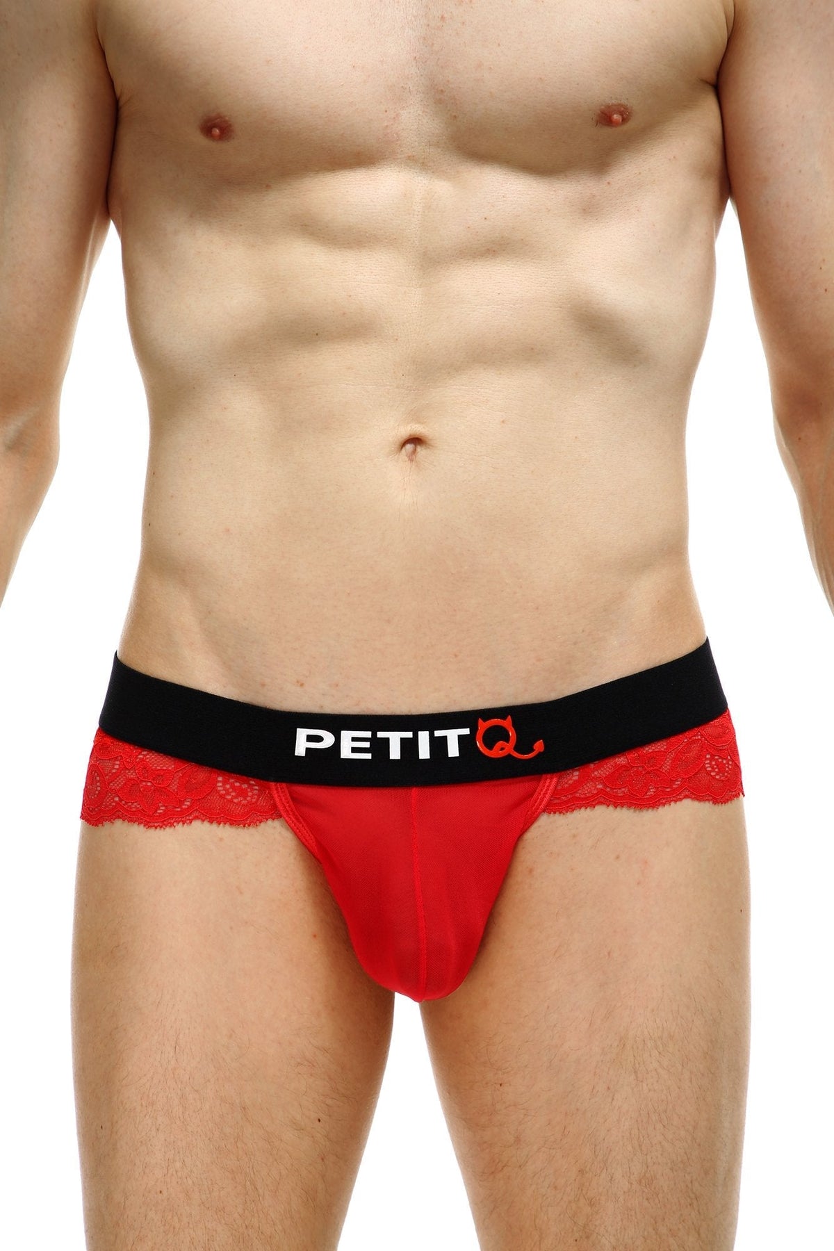 Men's red thong with sheer and lace panels.