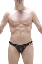 Men's black lace thong with chain-link side accents.