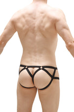 Men's black lace jock-thong with fine rear straps.