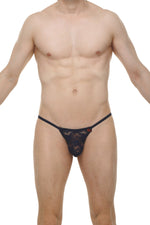 Men's navy floral lace G-string with pearl-style bead detailing.