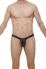 Men's navy floral lace thong with narrow sides.