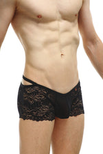 Men's black lace boxer with elastic side detailing.