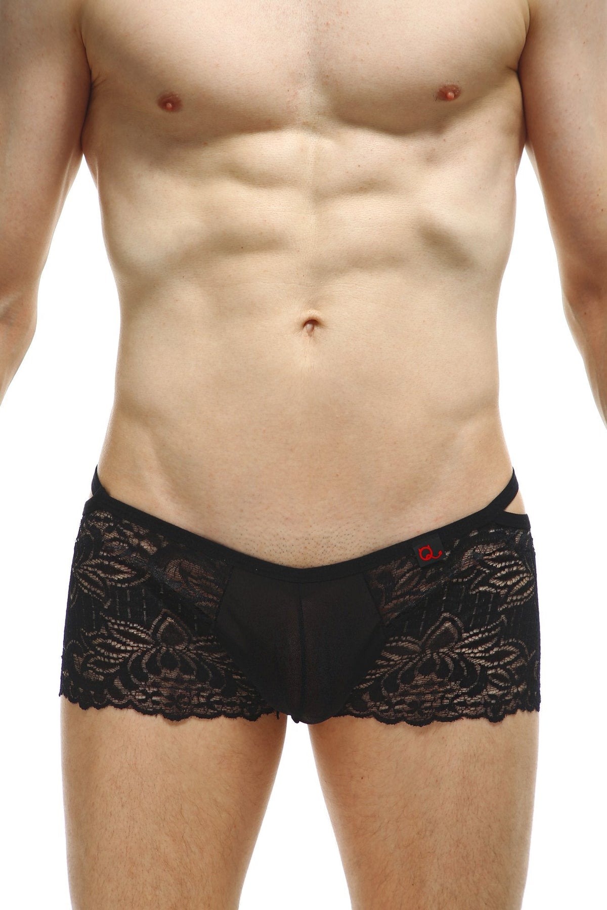 Men's black lace boxer with elastic side detailing.