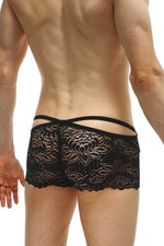 Men's black lace boxer with elastic side detailing.