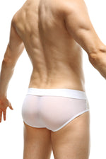 Men's white net brief with a lace accent.