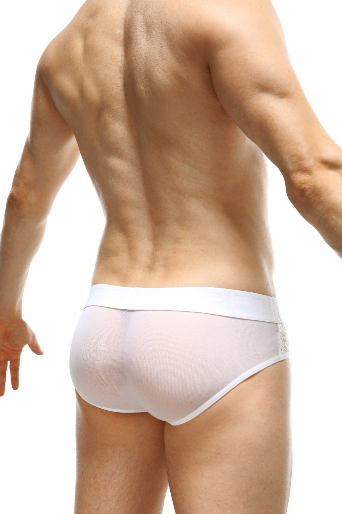 Men's white net brief with a lace accent.