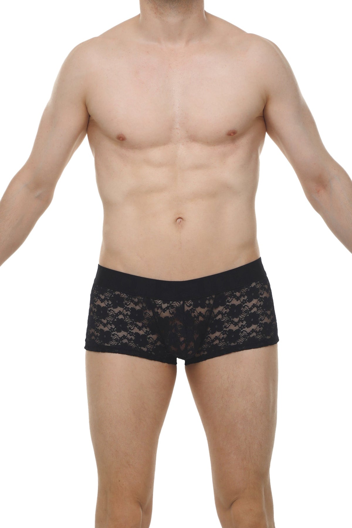 Men's black floral lace boxer brief.