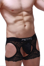 Men's black lace boxer with open side and back sections.