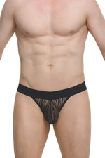 Men's black wave-pattern lace G-string with a wide waistband.