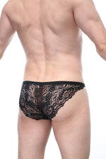 Men's black lace brief with a front cutout.