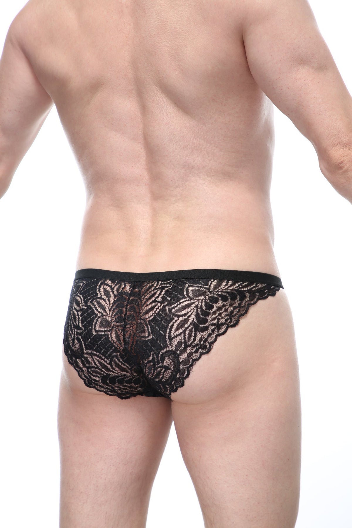 Men's black lace brief with a front cutout.