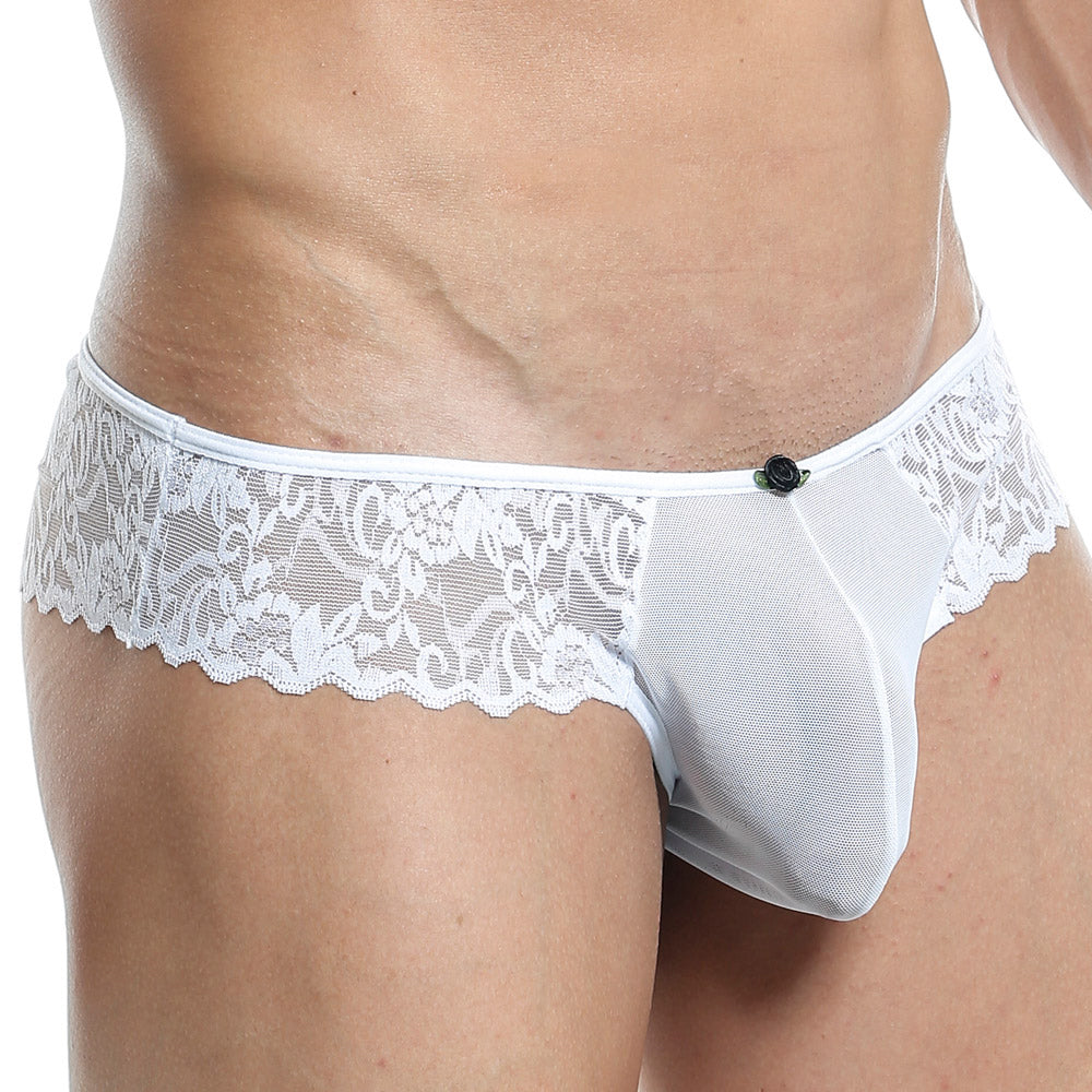 Men's bikini with sheer and broad lace panels.