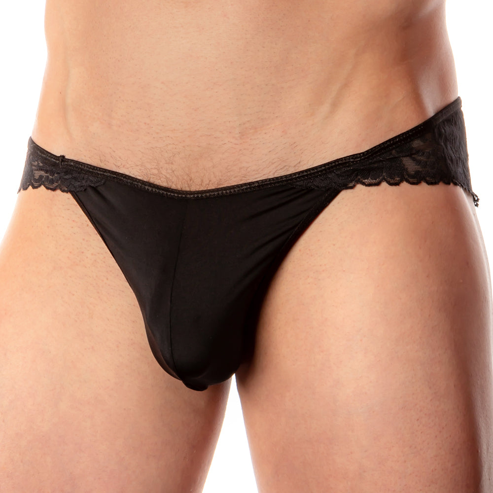 Men's bikini with contrasting smooth-looking and floral lace panels.