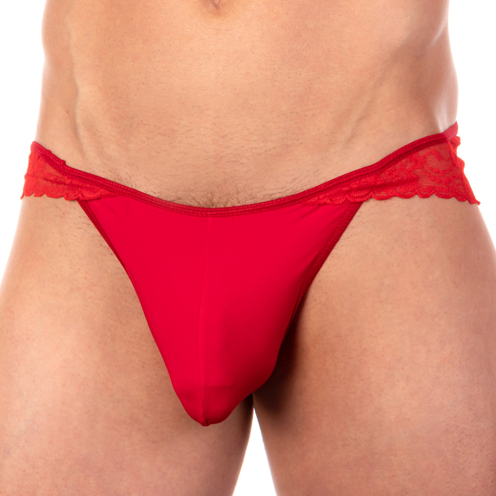 Men's bikini with contrasting smooth-looking and floral lace panels.