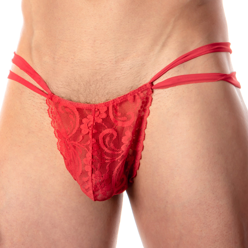 Men's lace thong with crisscross hip straps.