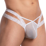 Men's lace-strap thong with open side cutouts.