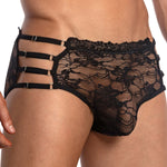 Men's high-waist floral lace bikini with multiple side straps.
