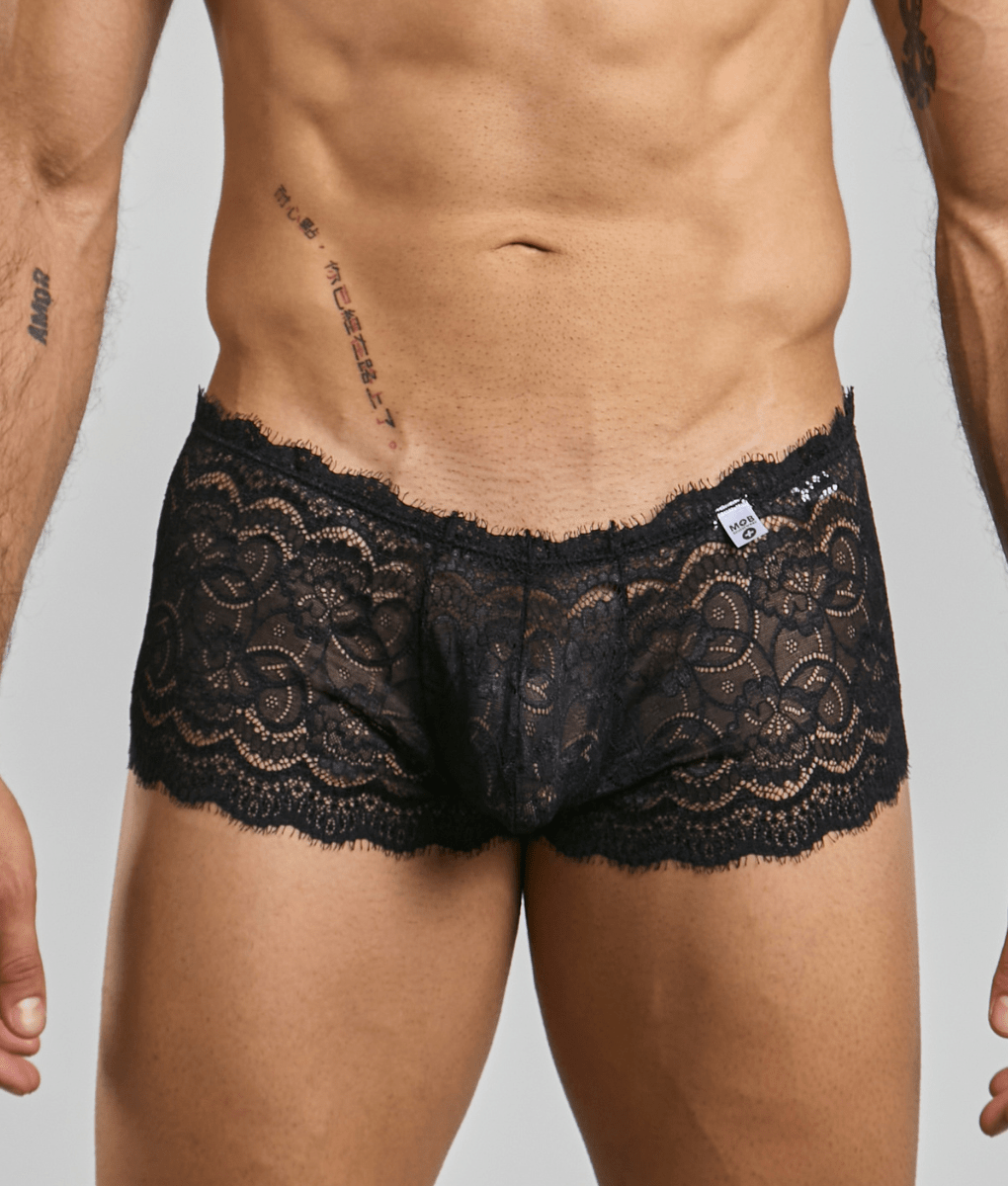 Men's rose-pattern lace boyshorts.